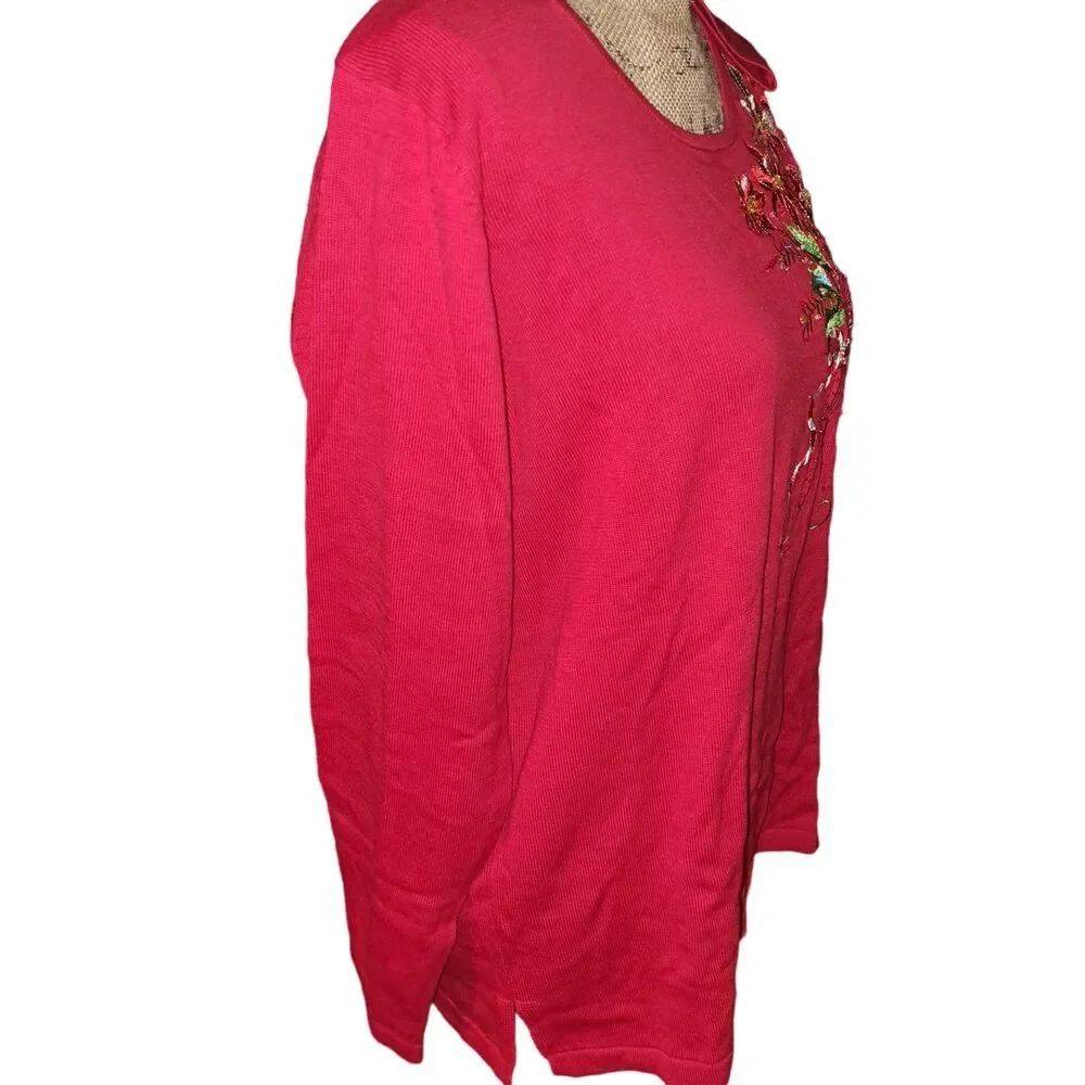 NWT-Quacker Factory Red Long Sleeve Poinsettia Bouquet Sweater Size: Med